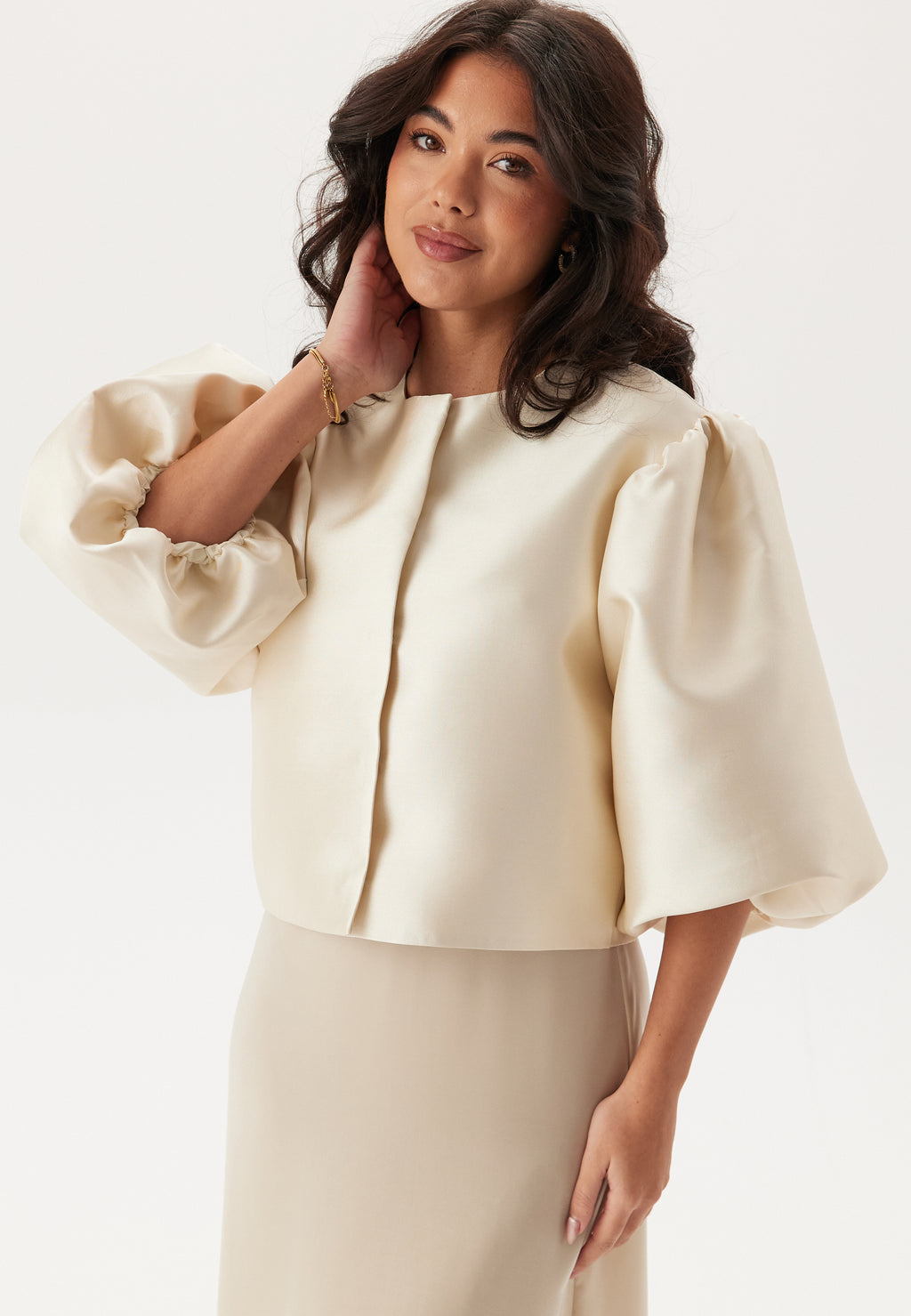 White satin puff sleeve jacket