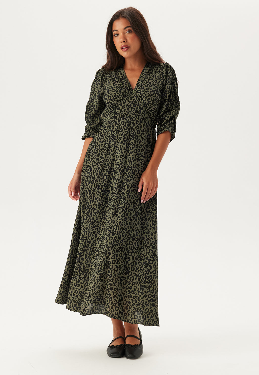 Ruched Sleeve Midi Dress Green Patterned