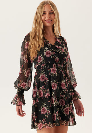 V-neck Frill L/S Chiffon Dress