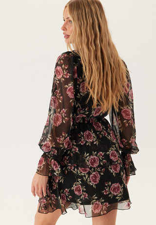 V-neck Frill L/S Chiffon Dress