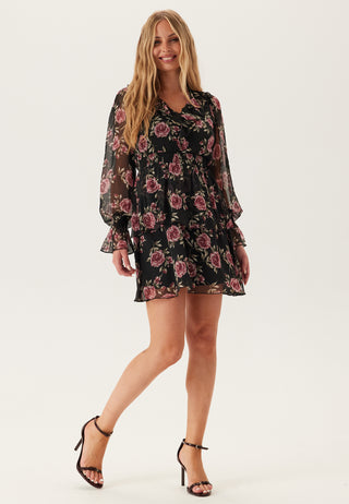 V-neck Frill L/S Chiffon Dress