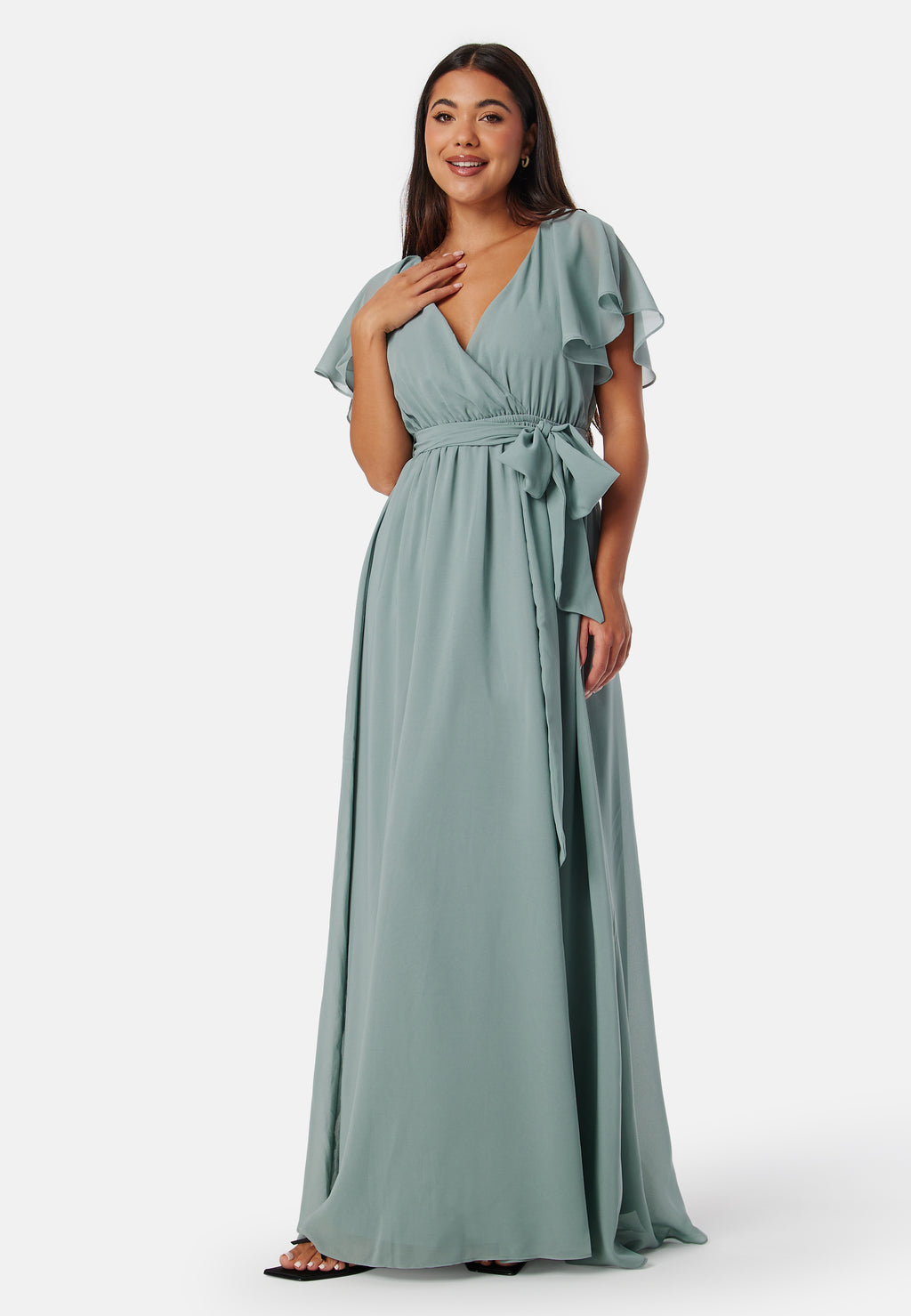 One FLUTTER SLEEVE Long Chiffon Dresses Sage Plus Size