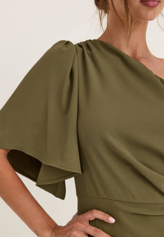 Ruched One Shoulder Gown Green