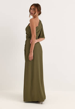 Ruched One Shoulder Gown Green