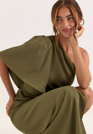 Ruched One Shoulder Gown Green
