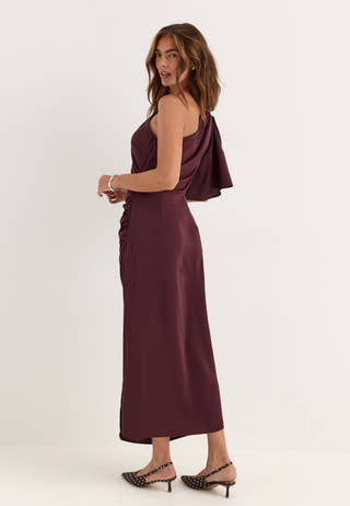 Ruched One Shoulder Midi Dress Red