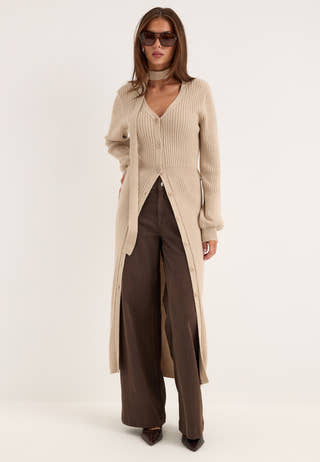 Rib Knitted Cardigan Dress Beige