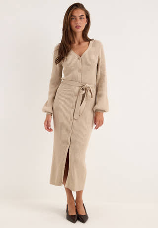 Rib Knitted Cardigan Dress Beige
