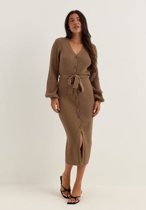Rib Knitted Cardigan Dress Brown