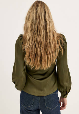 Puff Sleeve Satin Shirt Green