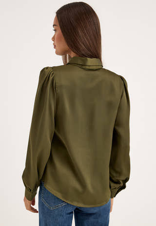 Puff Sleeve Satin Shirt Green