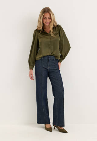 Puff Sleeve Satin Shirt Green