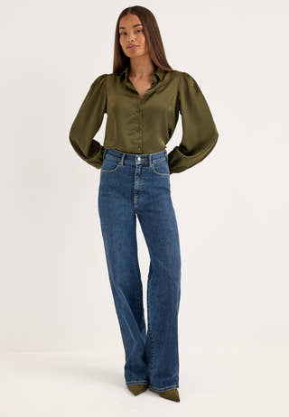 Puff Sleeve Satin Shirt Green