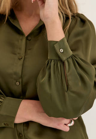 Puff Sleeve Satin Shirt Green