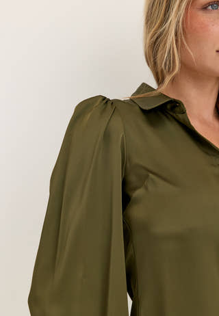 Puff Sleeve Satin Shirt Green