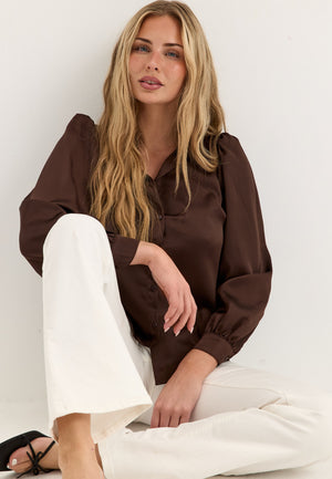 Puff Sleeve Satin Shirt Brown
