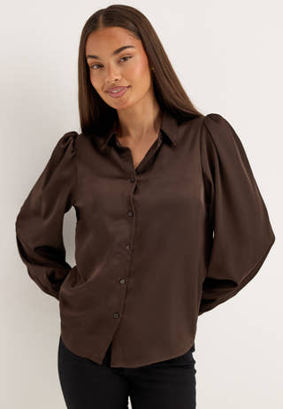 Puff Sleeve Satin Shirt Brown