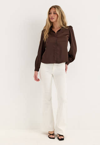 Puff Sleeve Satin Shirt Brown