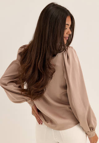 Puff Sleeve Satin Shirt Beige
