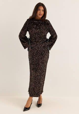 Straight Ankle Sequin Skirt Brown