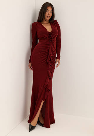 Sparkling Low V-neck Slit Gown Red