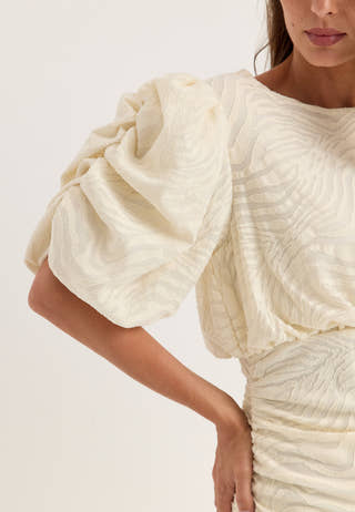 Ruched Puff Sleeve Dress White