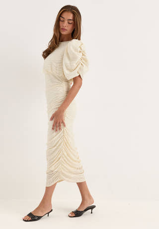 Ruched Puff Sleeve Dress White