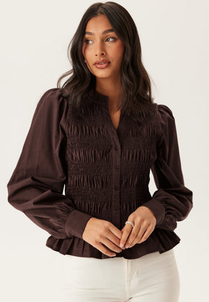 V-neck Cotton Smock Blouse Brown