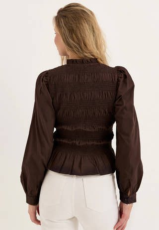 V-neck Cotton Smock Blouse Brown