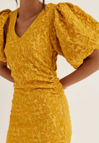 Puff Sleeve Jacquard Midi Dress Yellow