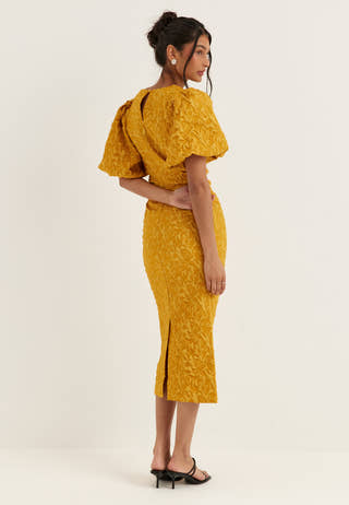 Puff Sleeve Jacquard Midi Dress Yellow