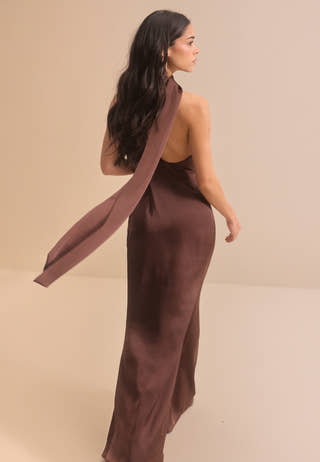 Bubbleroom occasion One Shoulder Scarf Satin Gown Bridesmaid dresses Brown Bubbleroom occasion One Shoulder Scarf Satin Gown Bridesmaid dresses Brown