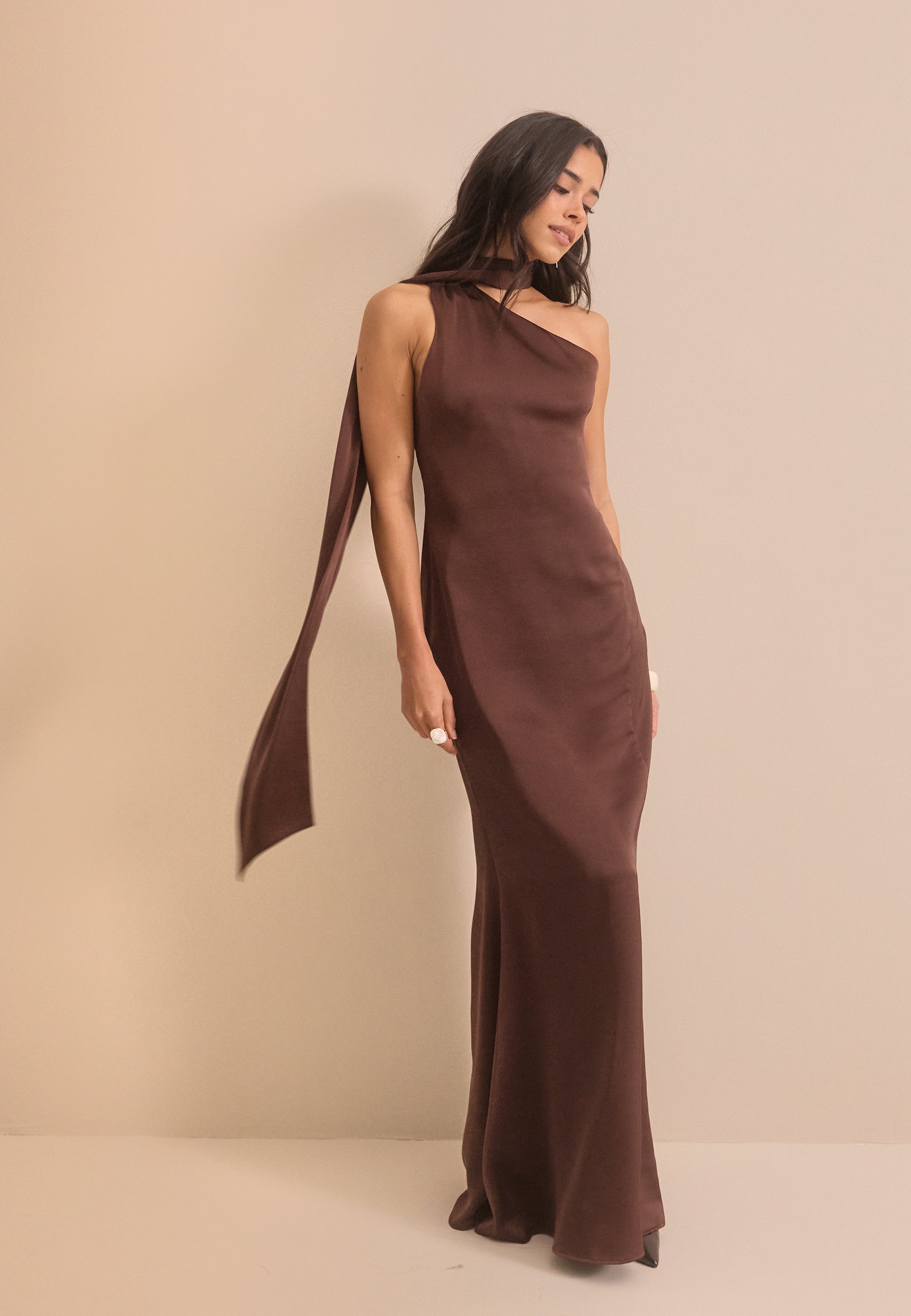 brown satin dresses Cara | Matte High-Neck Maxi Dress Look like you stepped off the red carpet and onto the aisle in this glamorous Bubbleroom occasion One Shoulder