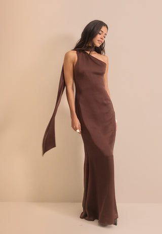 One Shoulder Scarf Satin Gown
