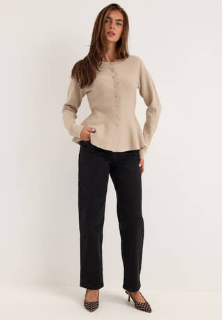 Knitted Peplum Cardigan Beige