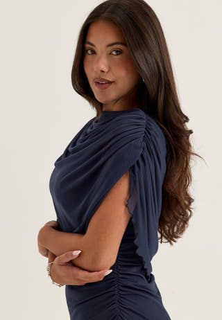 Cape Mesh Ankle Dress Blue