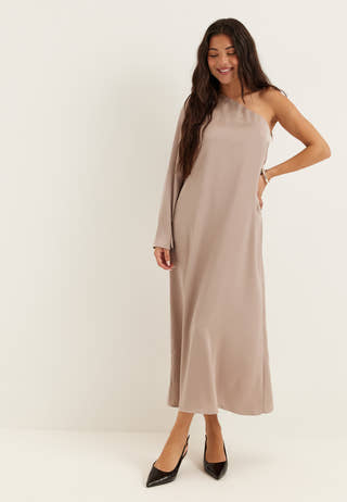 tan one shoulder dress Satin One Shoulder Dress in Oat Tan