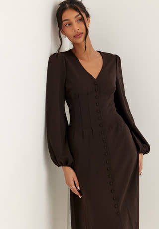Midi Button Volume Sleeve Dress Brown