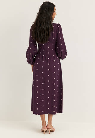 Midi Button Volume Sleeve Dress Purple