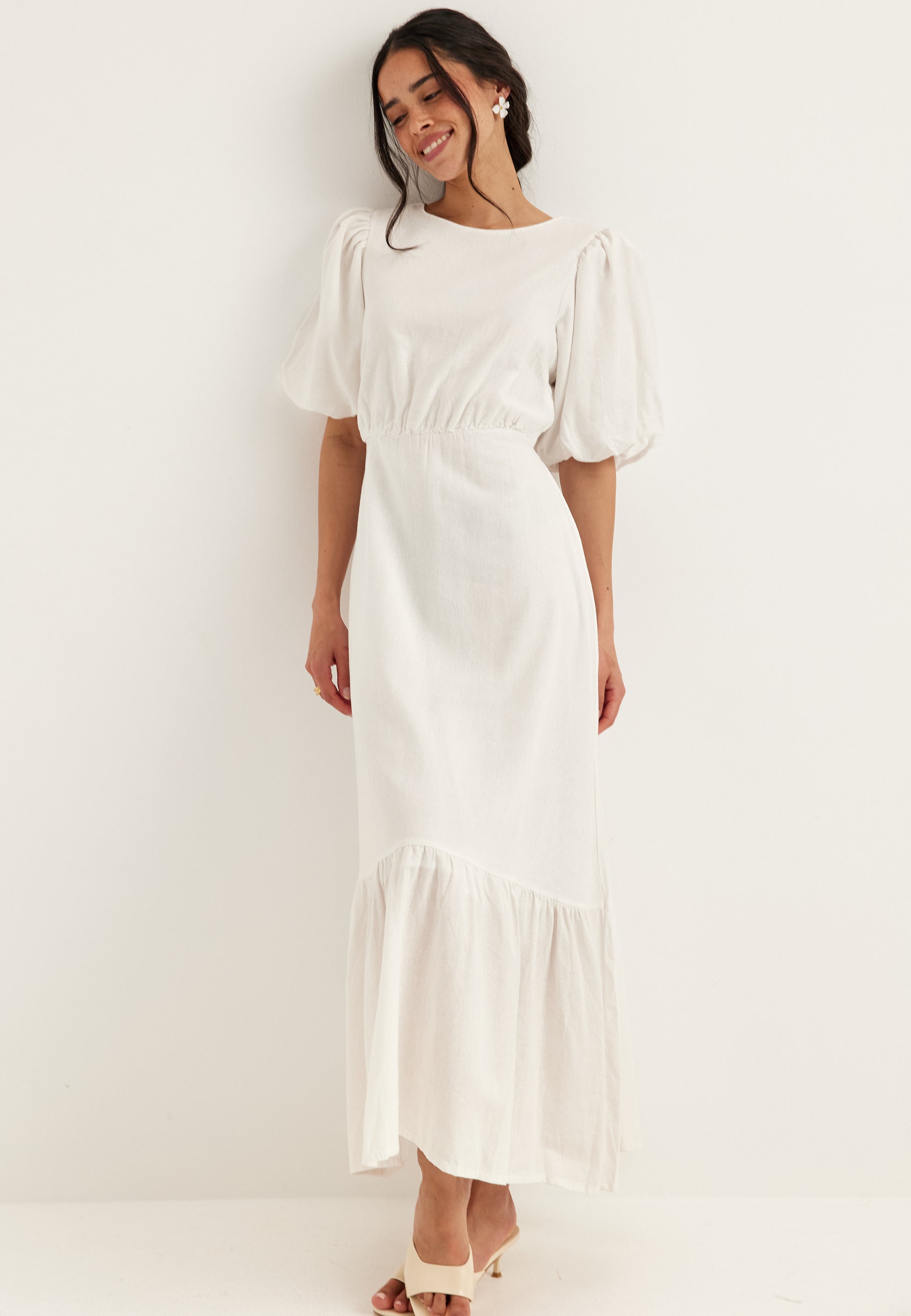 linen balloon sleeve maxi dress Women's Linen Balloon Sleeve Long Dress Off-Shoulder Oversized Relaxed Lolly