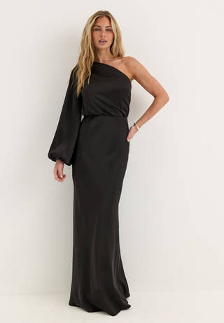 One Shoulder Satin Gown Black