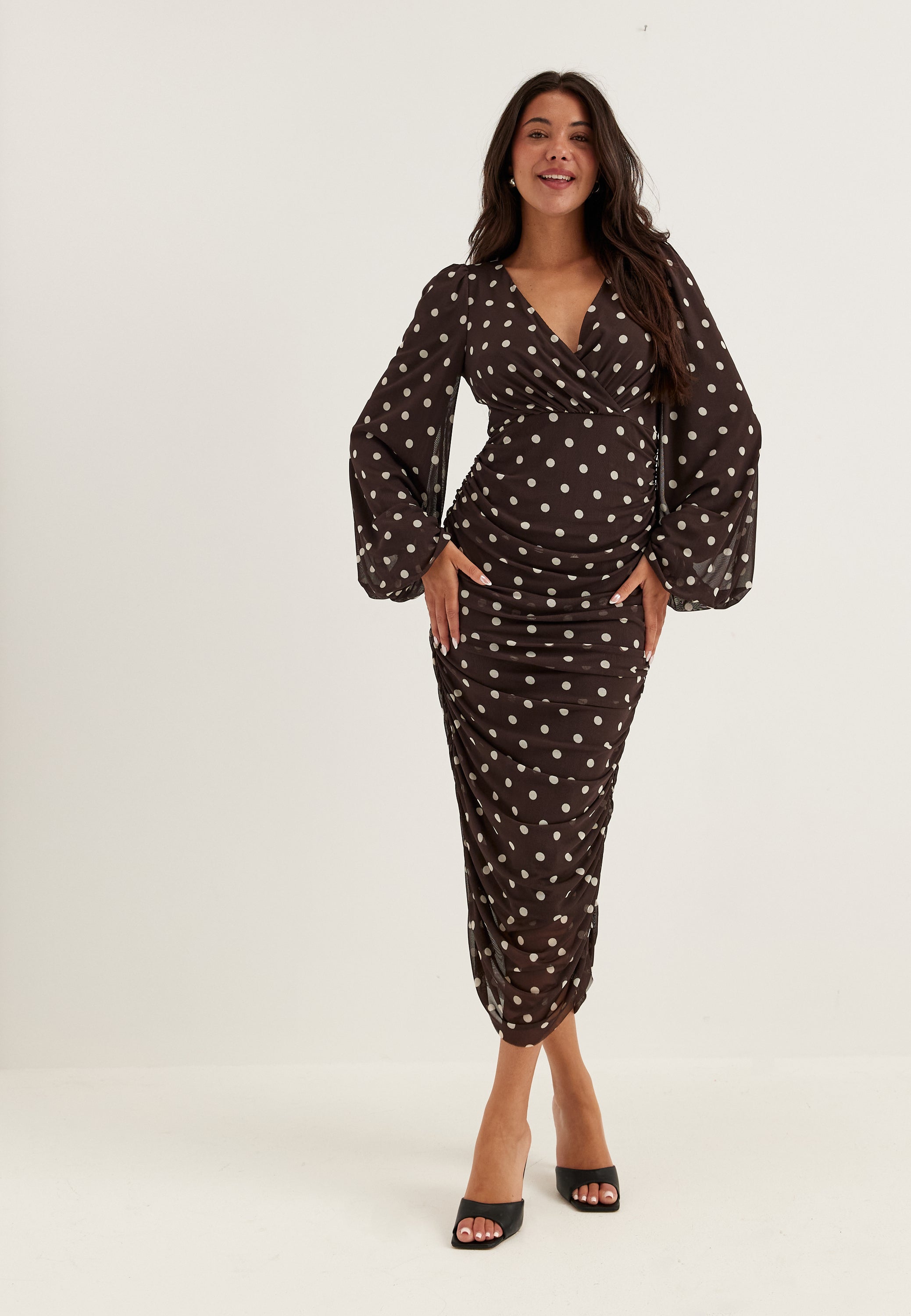 Bubbleroom occasion – Mesh Wrap Ankle Dress – AW26 – Brown / Patterned