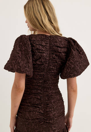 Puff Sleeve V-neck Jaqcuard Gown Brown