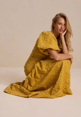 Puff Sleeve V-neck Jaqcuard Gown