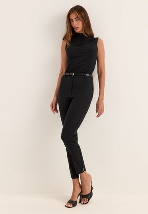 High Waist Stretchy Ankle Slit Trousers Black