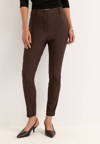 High Waist Stretchy Ankle Slit Trousers Brown