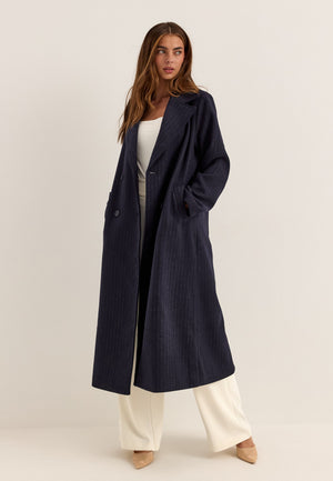 Straight Wool Blend Coat Striped