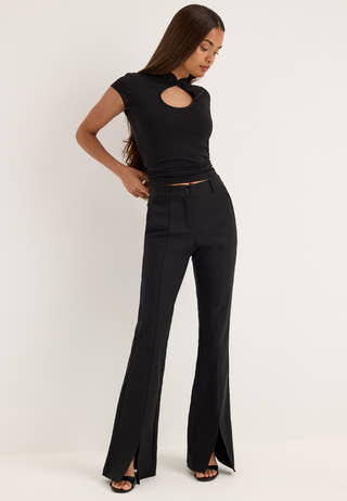 Mid Waist Stretchy Flared Slit Trousers Black