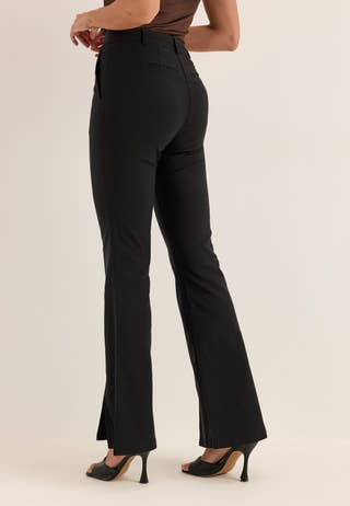 Mid Waist Stretchy Flared Slit Trousers Black