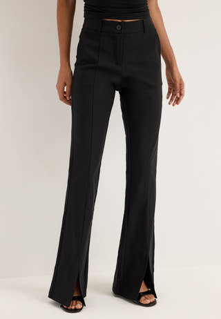 Mid Waist Stretchy Flared Slit Trousers Black